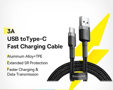 Baseus Type C USB Cable 3A Fast Charging Durable Nylon Braided Reversible Connector for Huawei Xiaomi Android Devices