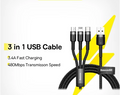 Baseus 3 in 1 USB Cable Multi Charging Cable USB to M+L+C For iPhone Android