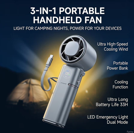 VENTIVO 3in1 Portable Fan Power Bank 9000mAh Strong Wind 100 Levels Mini Fan with LED Light Fast Charging Hand Fan